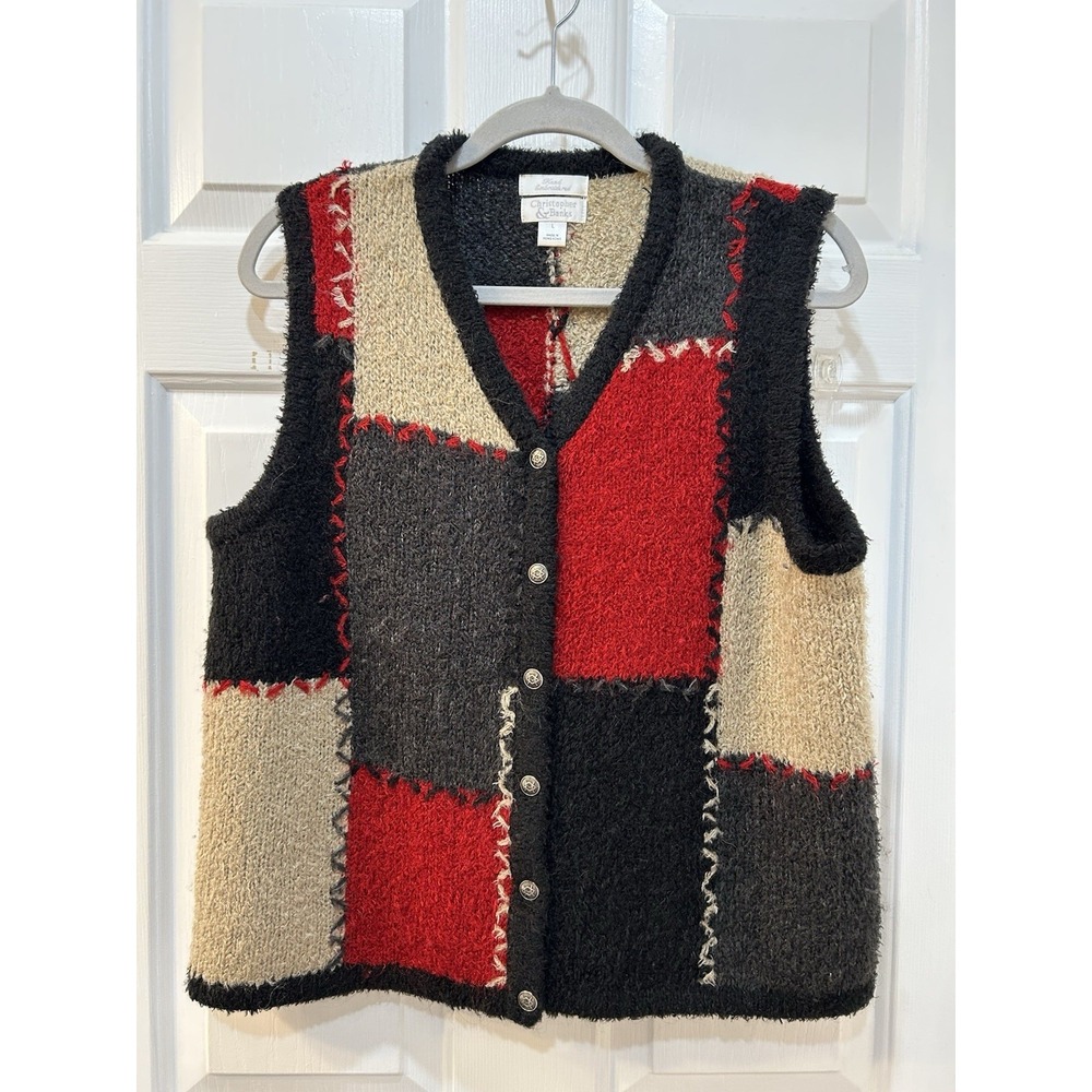 Vtg Christopher and Banks Mohair Blend Patchwork Sweater Vest Sz L Boho Cottage
